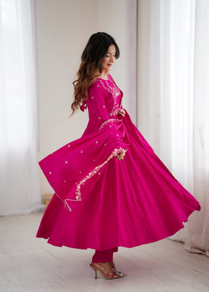 Roman Shimmer Silk Embroidered Anarkali Set – Rani Pink