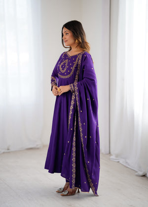 Roman Chanderi Silk Embroidered Anarkali Set – Purple