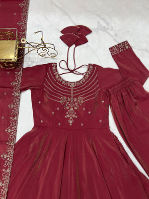 Roman Shimmer Silk Embroidered Anarkali Set – Maroon