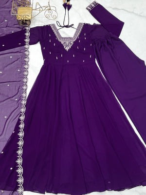Georgette Embroidered Anarkali Set – Purple