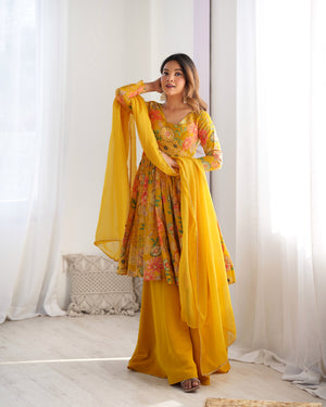 Roman Chanderi Silk Printed Kurta-Palazzo Set – Yellow