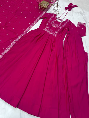 Roman Shimmer Silk Embroidered Anarkali Set – Rani Pink