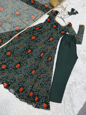 Soft Lightweight Chiffon Bandhej Fabric Inner Micro Cotton Embroidered Anarkali Set – Green
