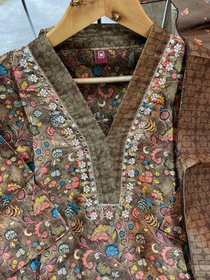 Zarna Silk Embroidered Straight Kurti Set – Coffee Brown
