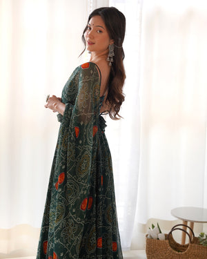 Soft Lightweight Chiffon Bandhej Embroidered Gown Set – Bottle Green