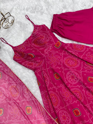 Soft Lightweight Chiffon Bandhej Embroidered Gown Set – Pink