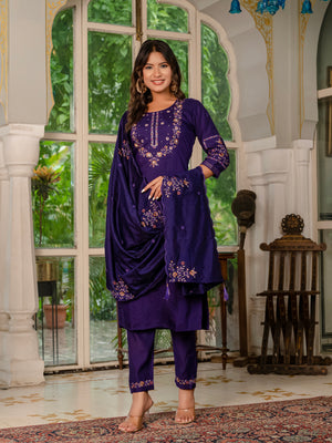 Marina Silk Embroidered Straight Kurti Set – Violet