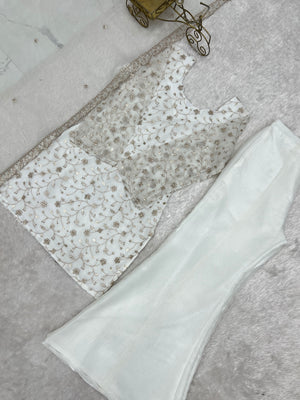 Crunchy Silk Embroidered Bell Bottom Set – Off White