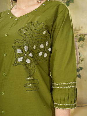Pure Cotton Embroidered Co-Ords Set – Mehendi