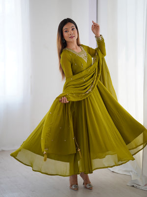 Georgette Embroidered Anarkali Set – Mehndi Green