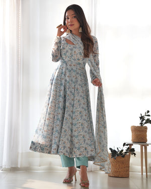 Heavy Orange Chiffon Floral Print Printed Anarkali Set – White Blue