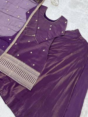 Roman Shimmer Silk Embroidered Top Set – Purple