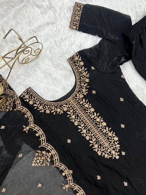 Crunchy Silk Embroidered Kurta-Sharara Set – Black