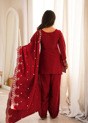 Glass Roman Silk Embroidered Kurta-Farshi Set – Maroon