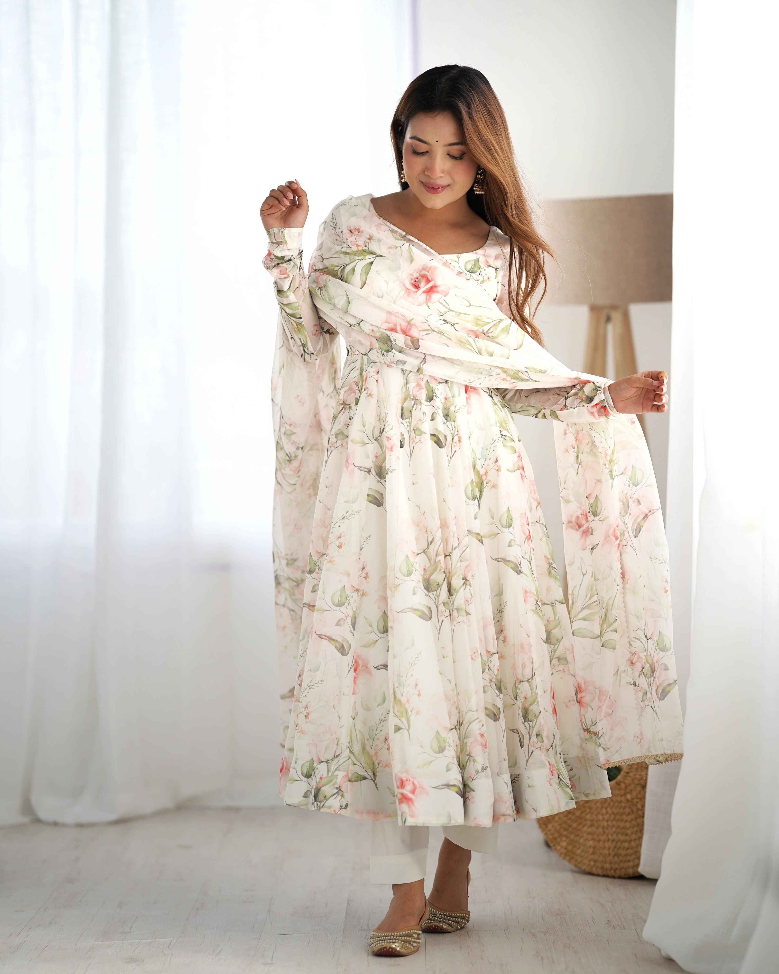 Organza Silk Printed Anarkali Set – Off White