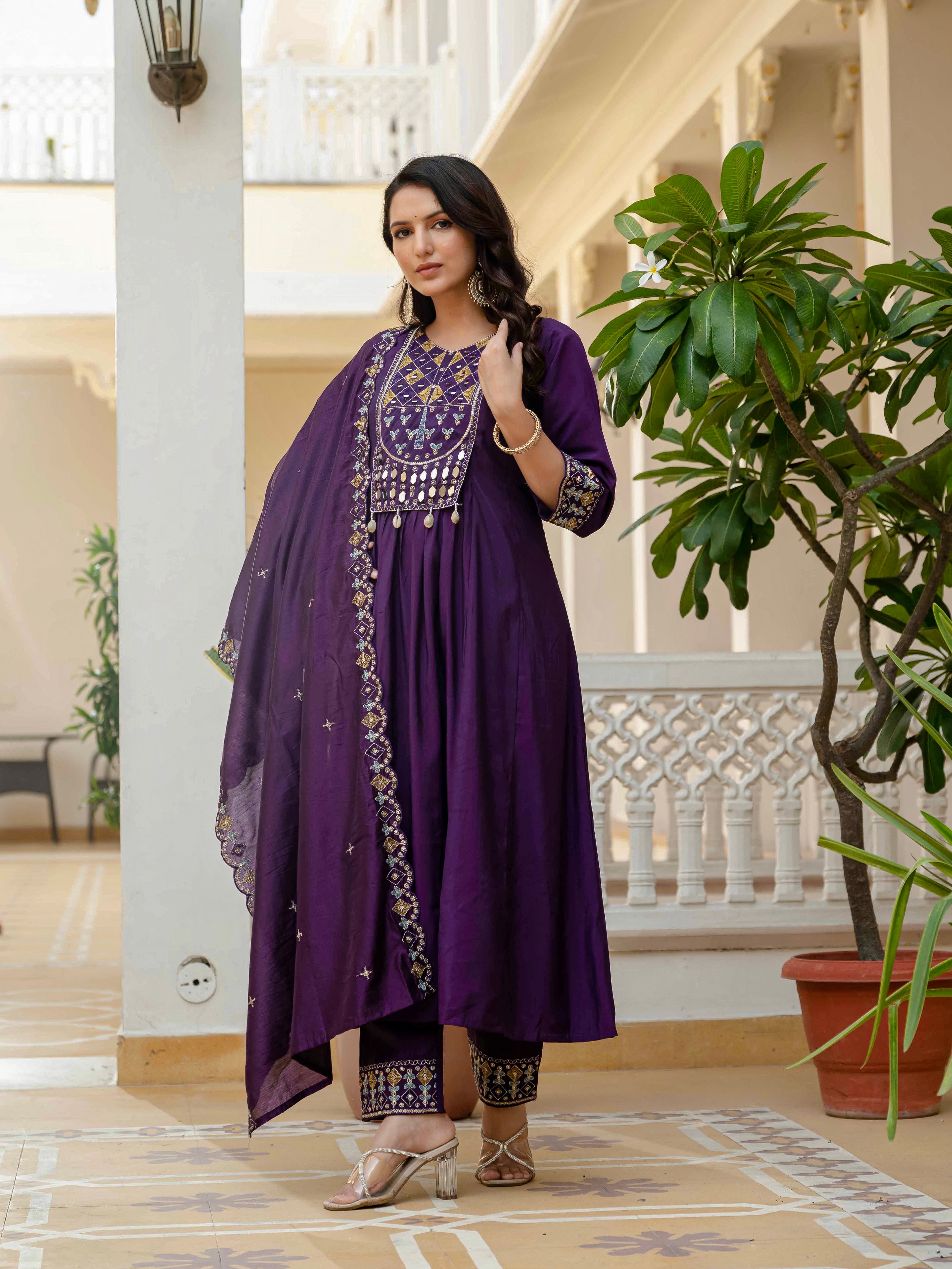 Viscose Roman Silk Embroidered Anarkali Kurti Set – Purple