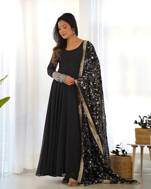 Georgette Embroidered Gown Set – Black