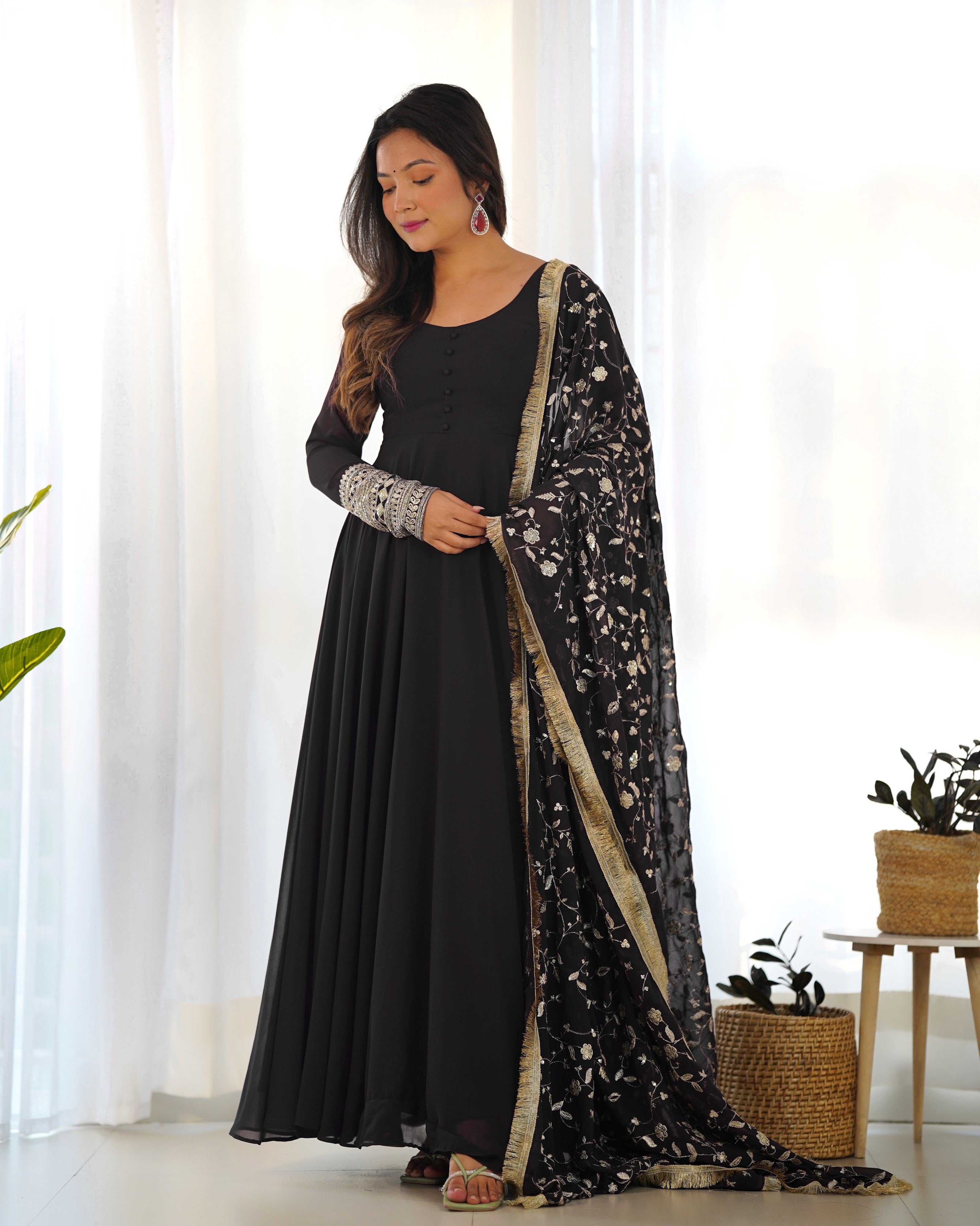 Georgette Embroidered Gown Set – Black