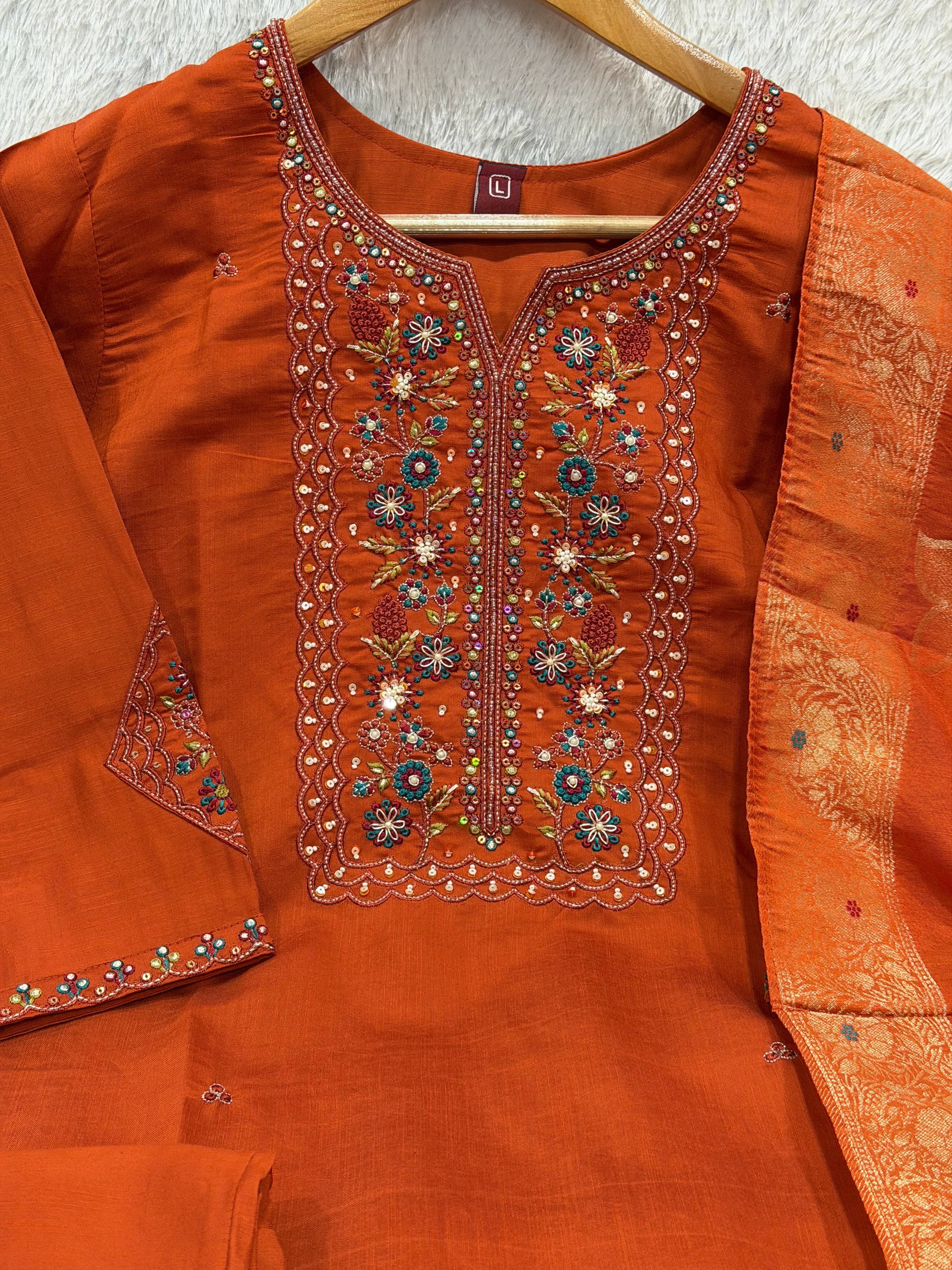 Pure Viscose Mango Silk Embroidered Straight Kurti Set – Rust
