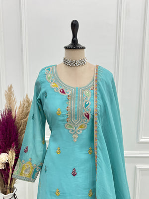 Crunchy Silk Embroidered Kurta-Sharara Set – Sky Blue