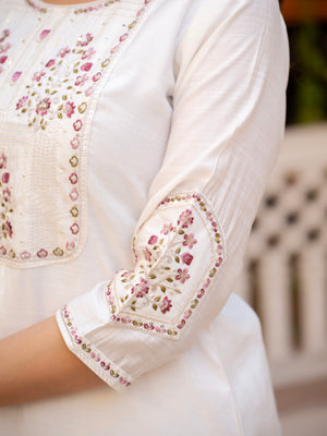 Pure Viscose Mango Silk Embroidered Straight Kurti Set – White