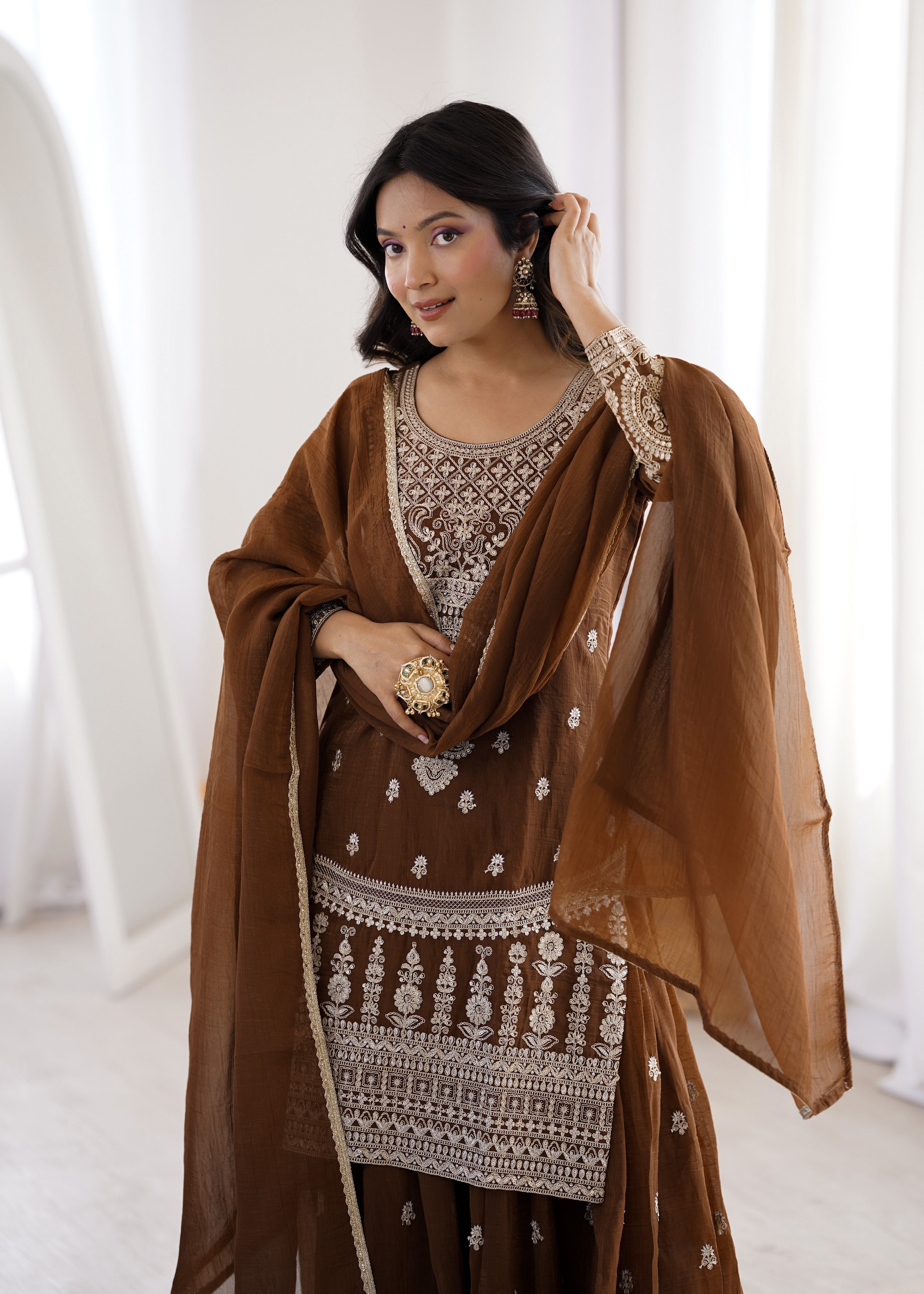 Crunchy Silk Embroidered Sharara Set – Coffee Brown
