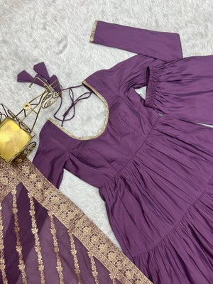 Roman Chanderi Silk Embroidered Anarkali Set – Purple