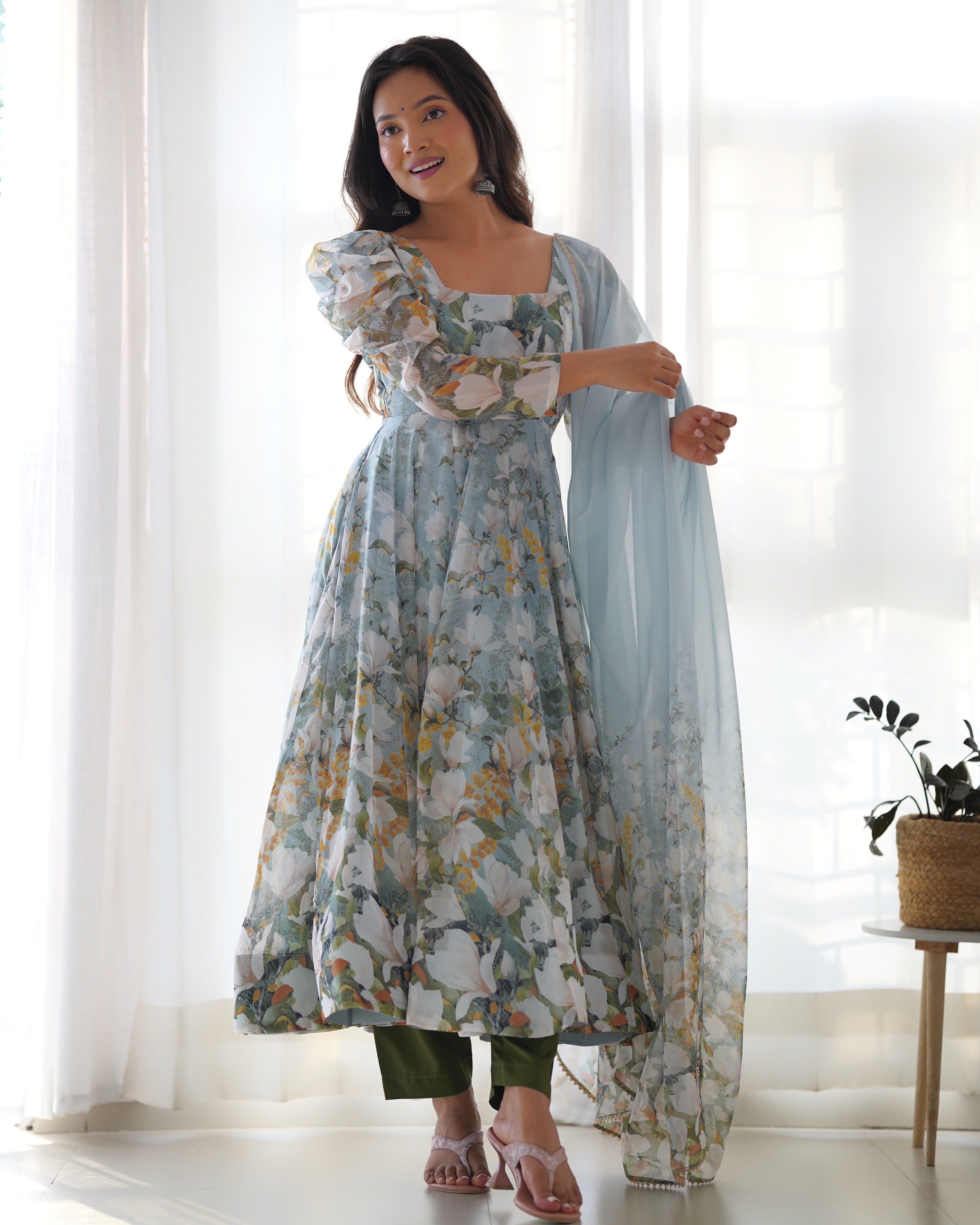 Organza Silk Printed Anarkali Set – Powder Blue Floral