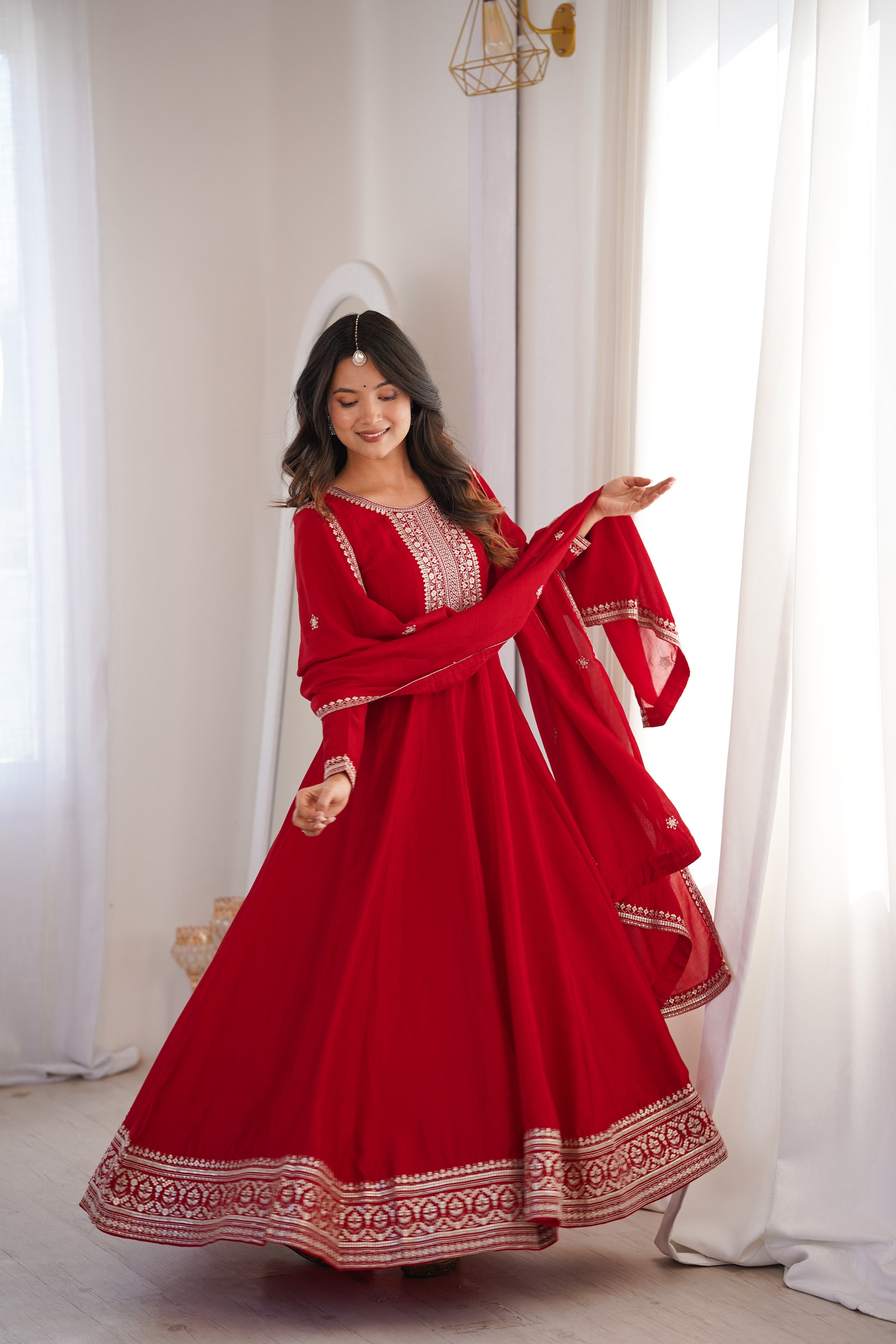 Vichitra Silk Embroidered Gown Set – Dark Red