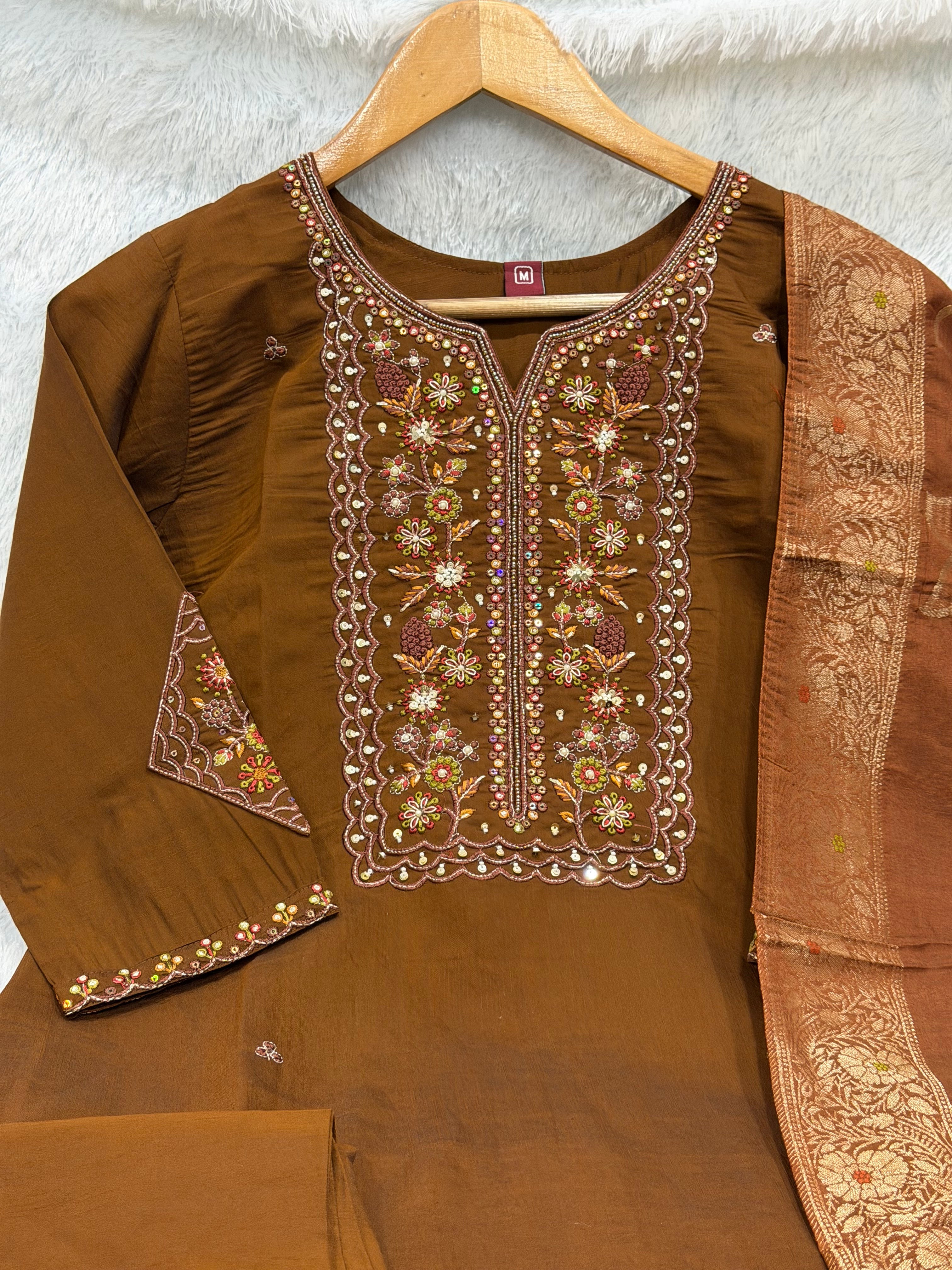 Pure Viscose Mango Silk Embroidered Straight Kurti Set – Coffee