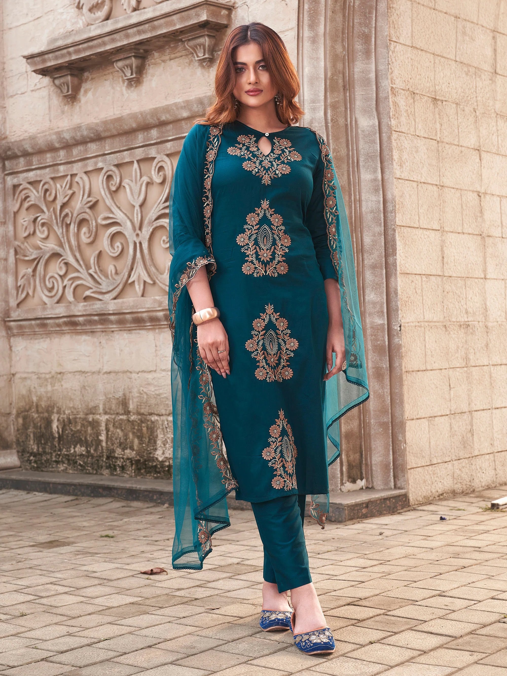 Rayon Slub Embroidered Kurta Pant Dupatta Set – Rama Green