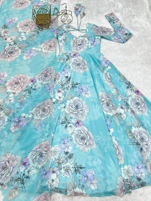 Georgette Printed Gown Set – Sky Blue Floral