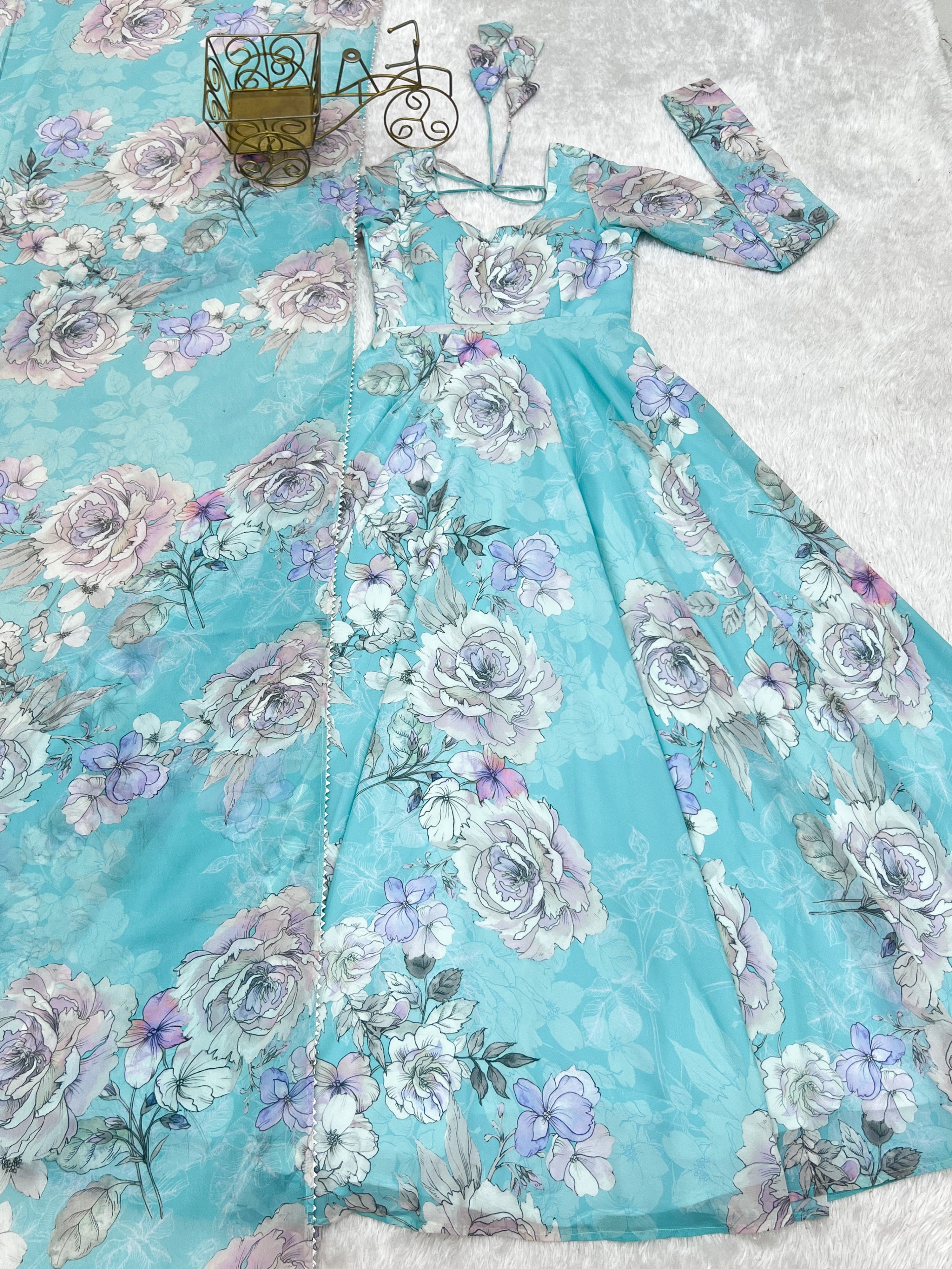 Georgette Printed Gown Set – Sky Blue Floral