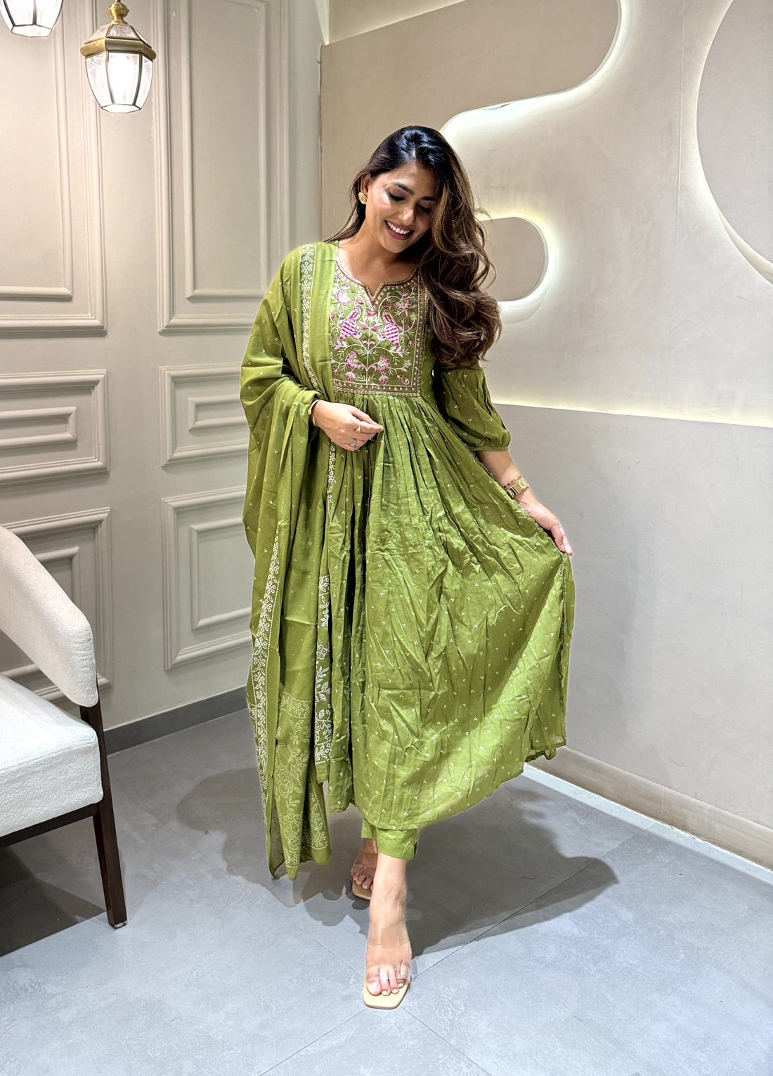 Cotton Embroidered Kurta Pant Dupatta Set – Mehndi Green