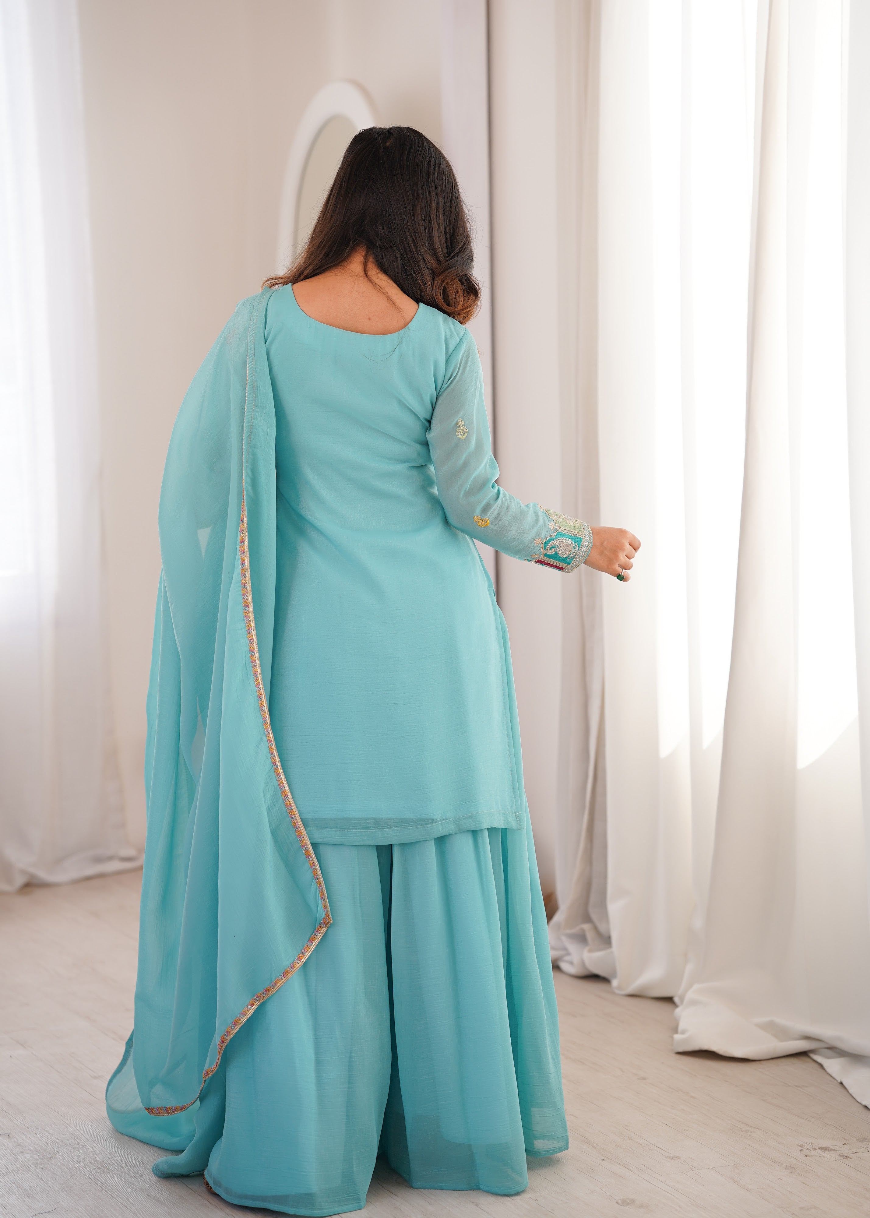 Crunchy Silk Embroidered Kurta-Sharara Set – Sky Blue