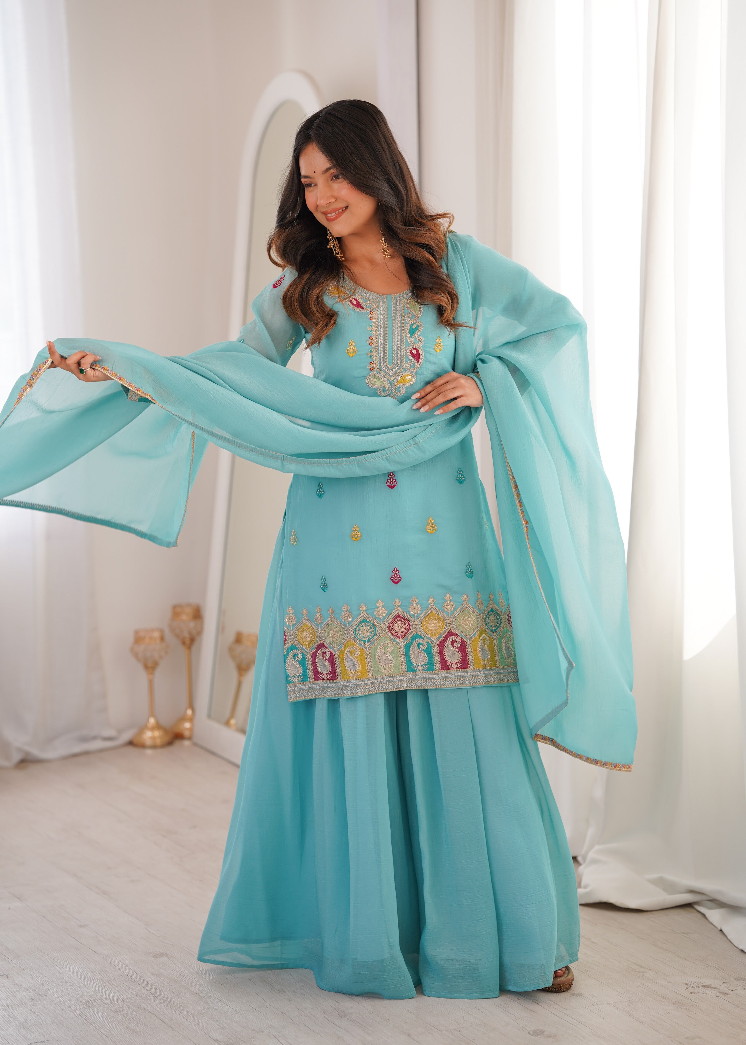 Crunchy Silk Embroidered Kurta-Sharara Set – Sky Blue