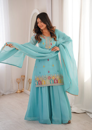 Crunchy Silk Embroidered Kurta-Sharara Set – Sky Blue