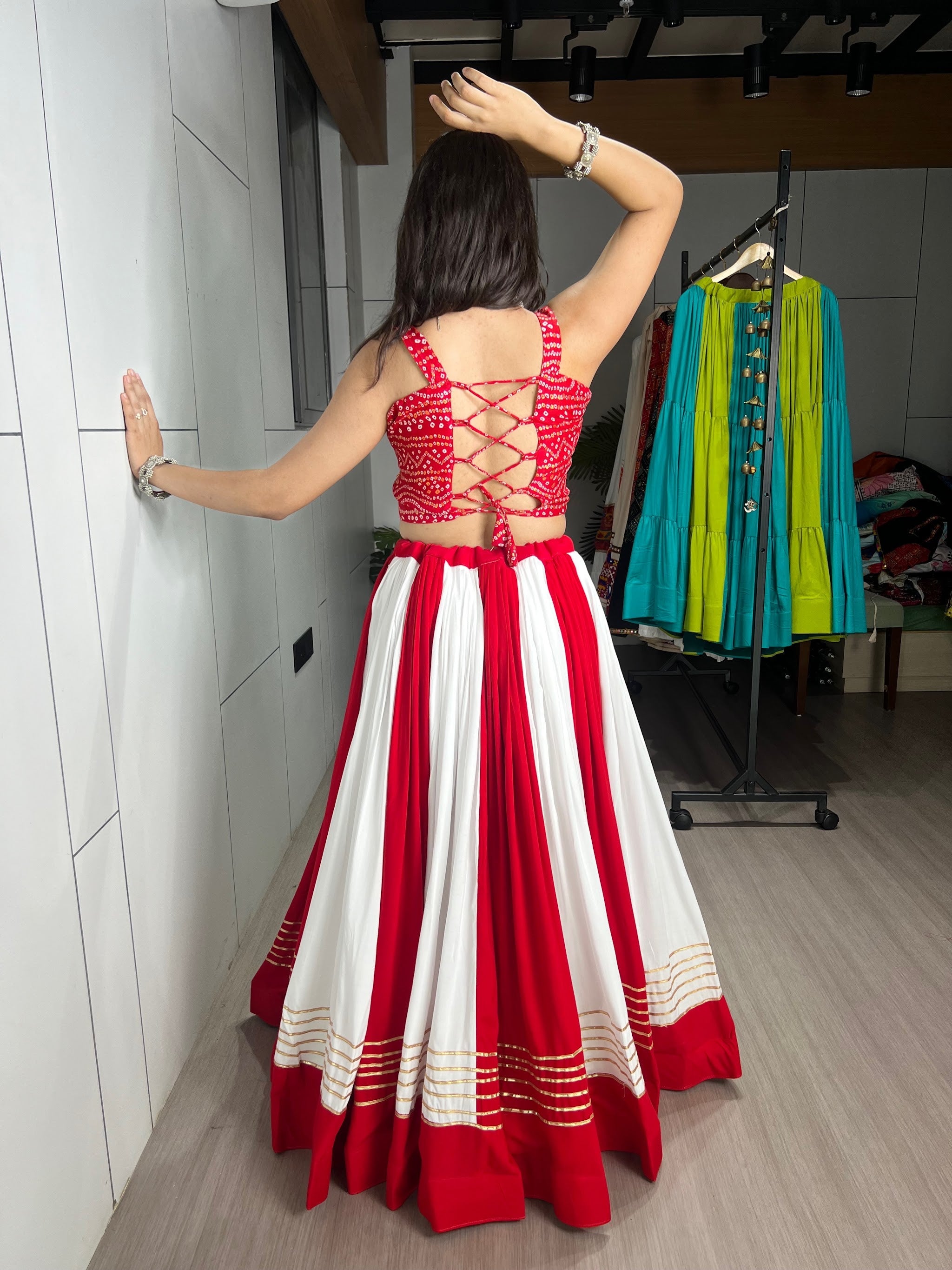 Navratri Red White Laal Leher Lehenga Set