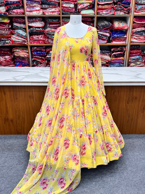 Georgette Printed Anarkali Set – Yellow