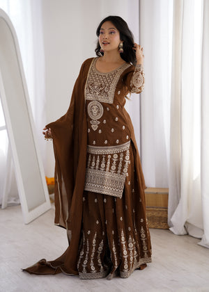 Crunchy Silk Embroidered Sharara Set – Coffee Brown
