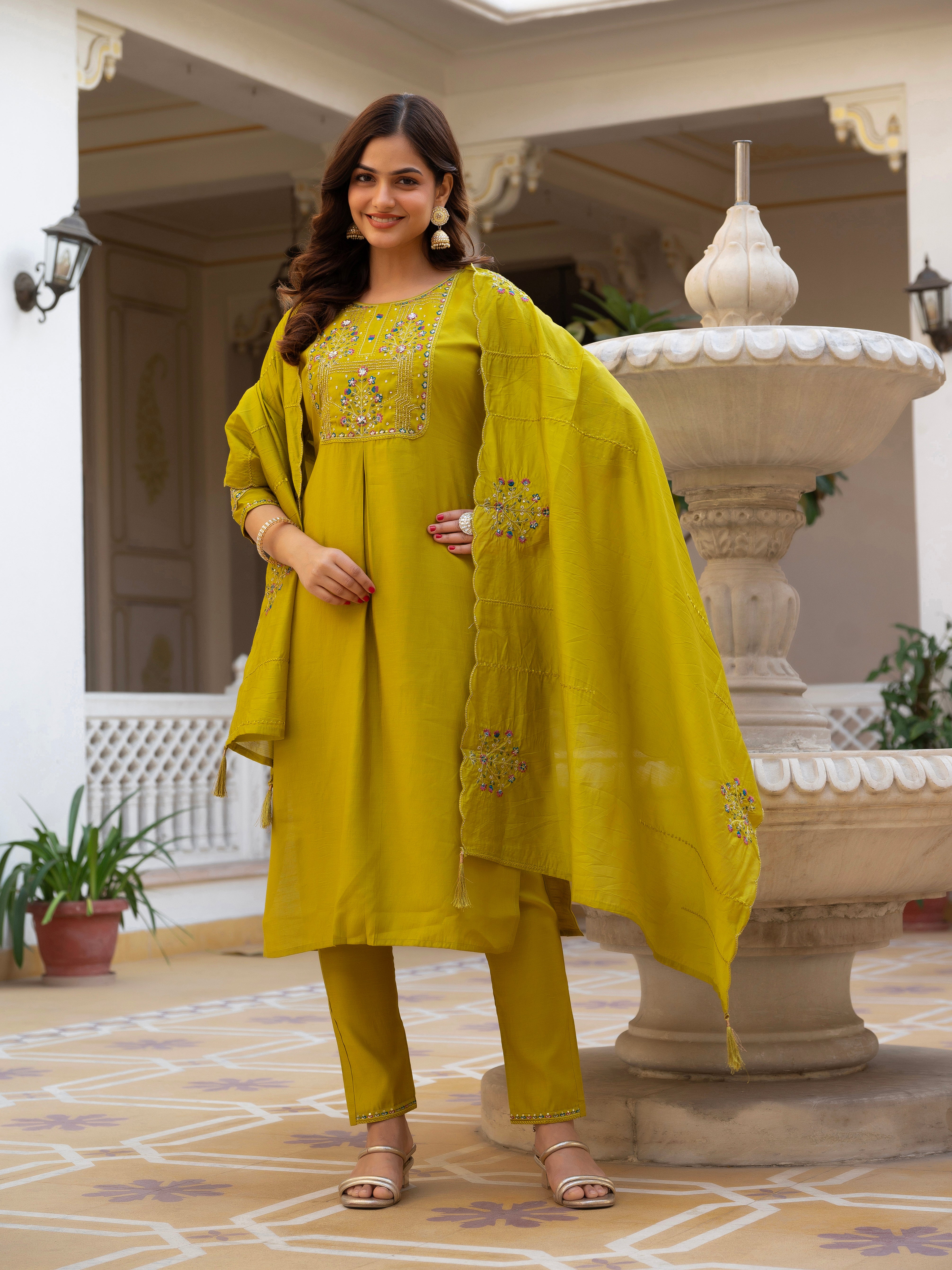 Pure Viscose Mango Silk Embroidered Straight Kurti Set – Yellow