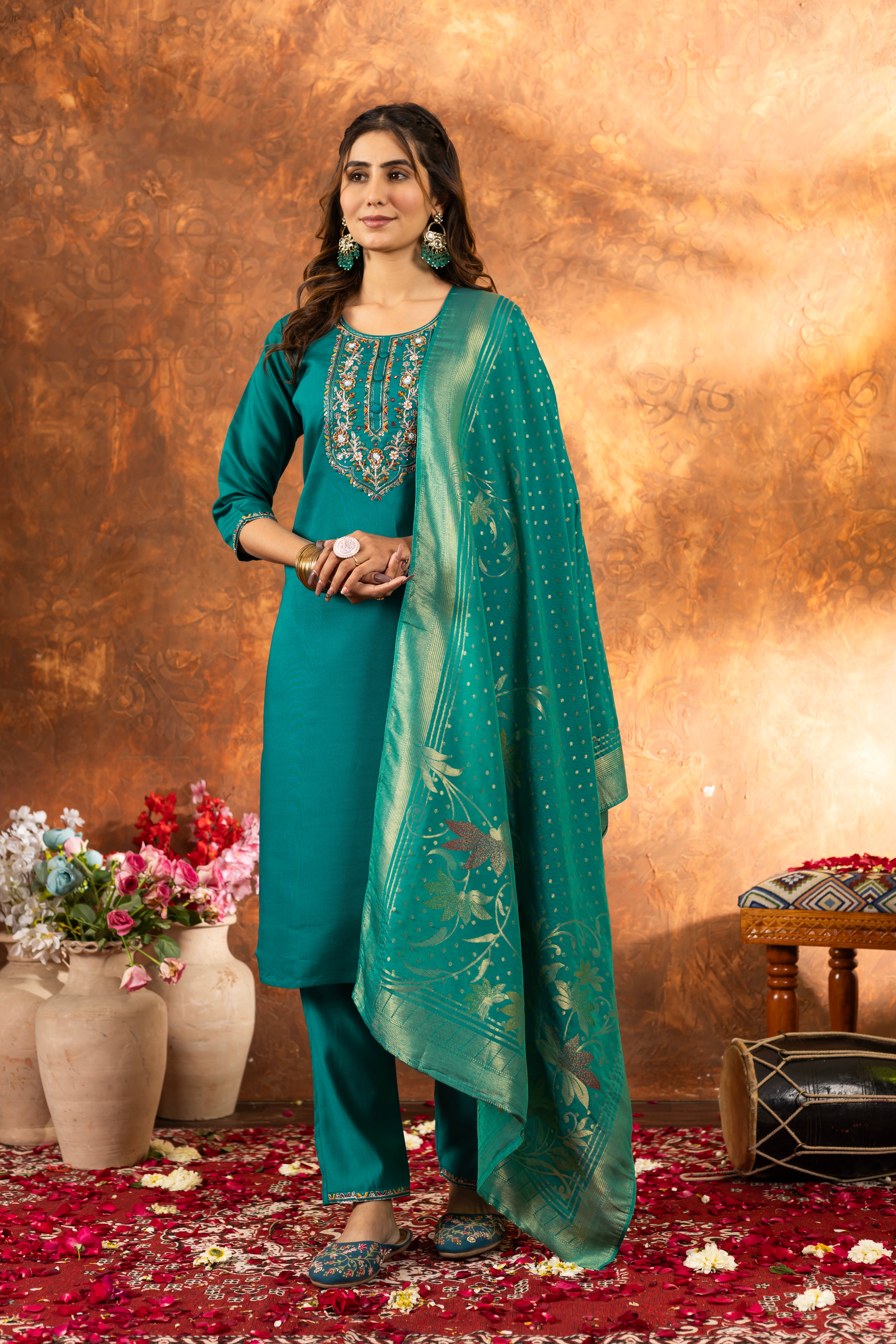 Marina Silk Embroidered Straight Kurti Set – Rama Green