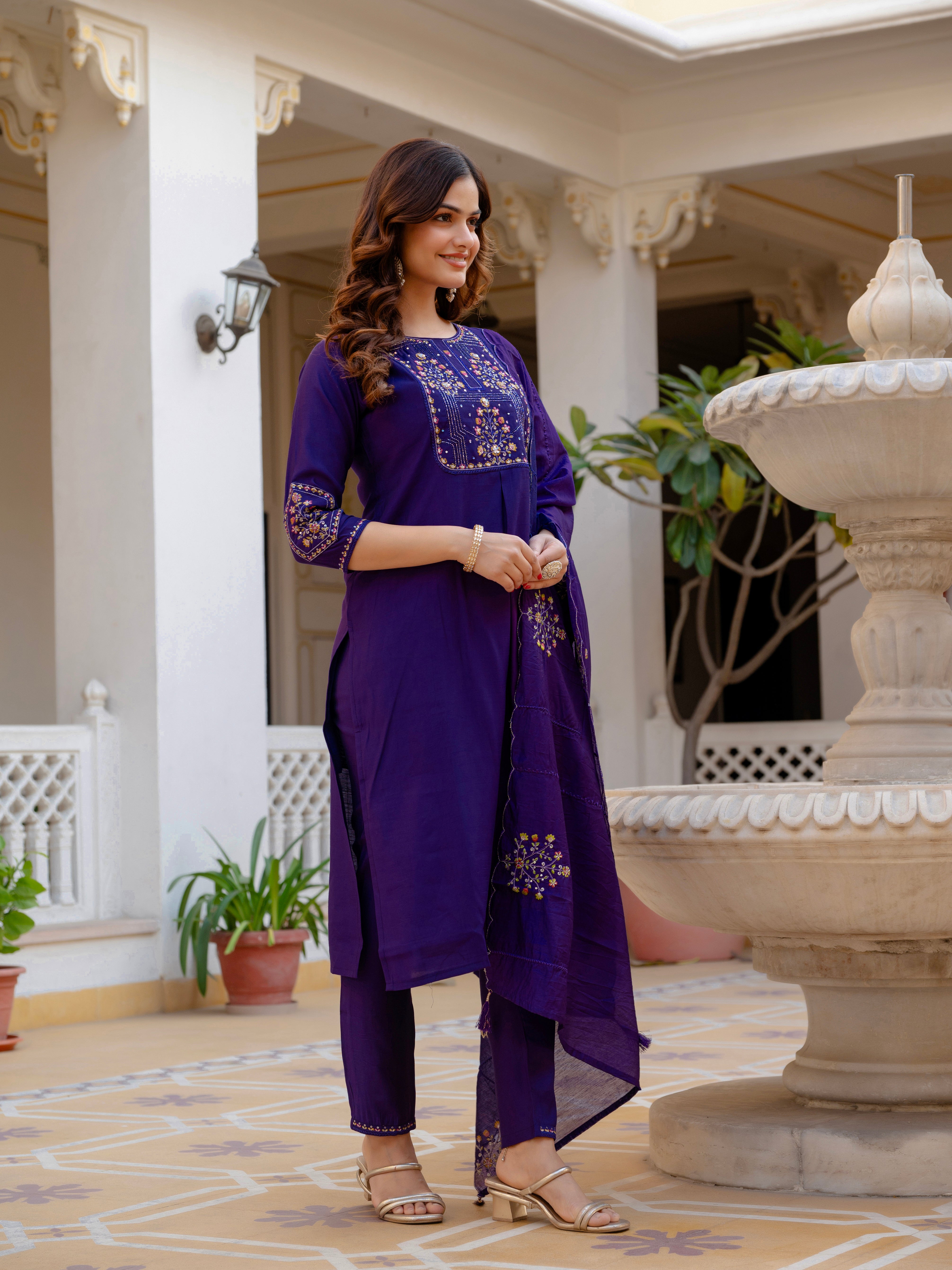 Pure Viscose Mango Silk Embroidered Straight Kurti Set – Violet