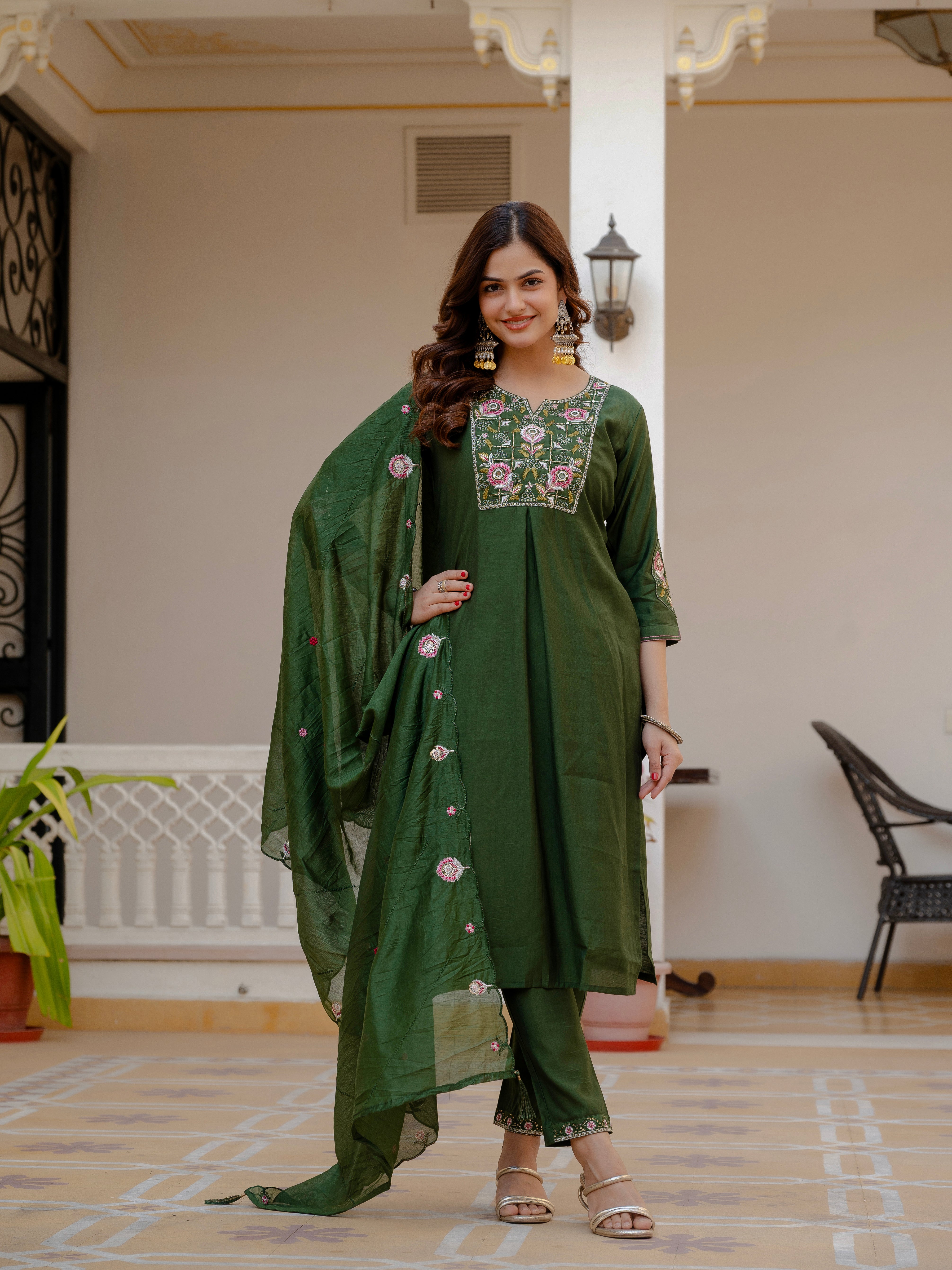 Pure Viscose Mango Silk Embroidered Straight Kurti Set – Green