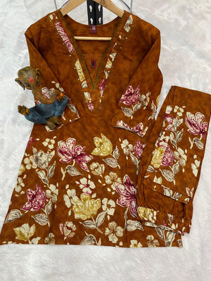 Pure Cotton Printed Co-Ords Set – Orange Brown