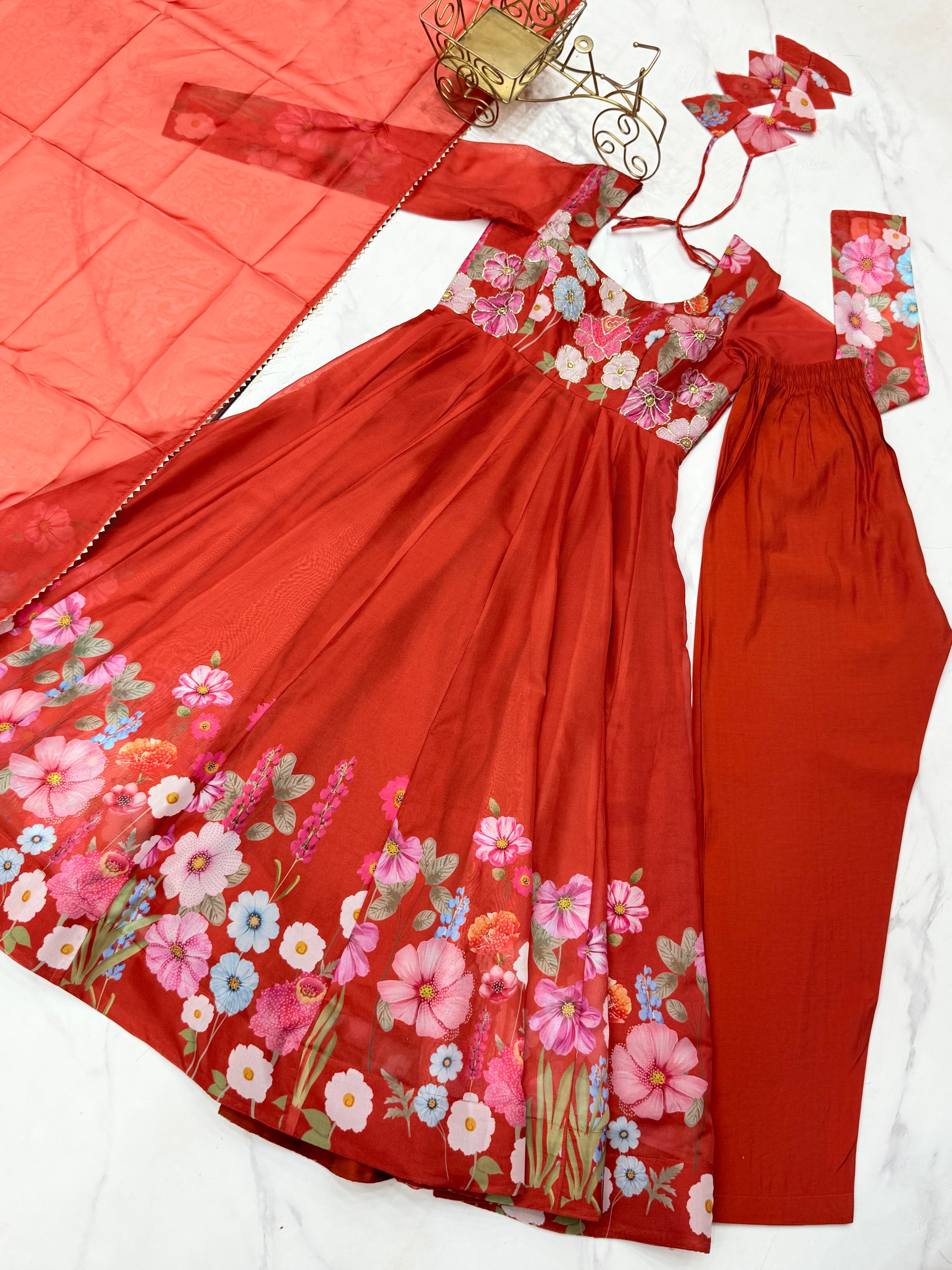 Organza Silk Printed Anarkali Set – Rust