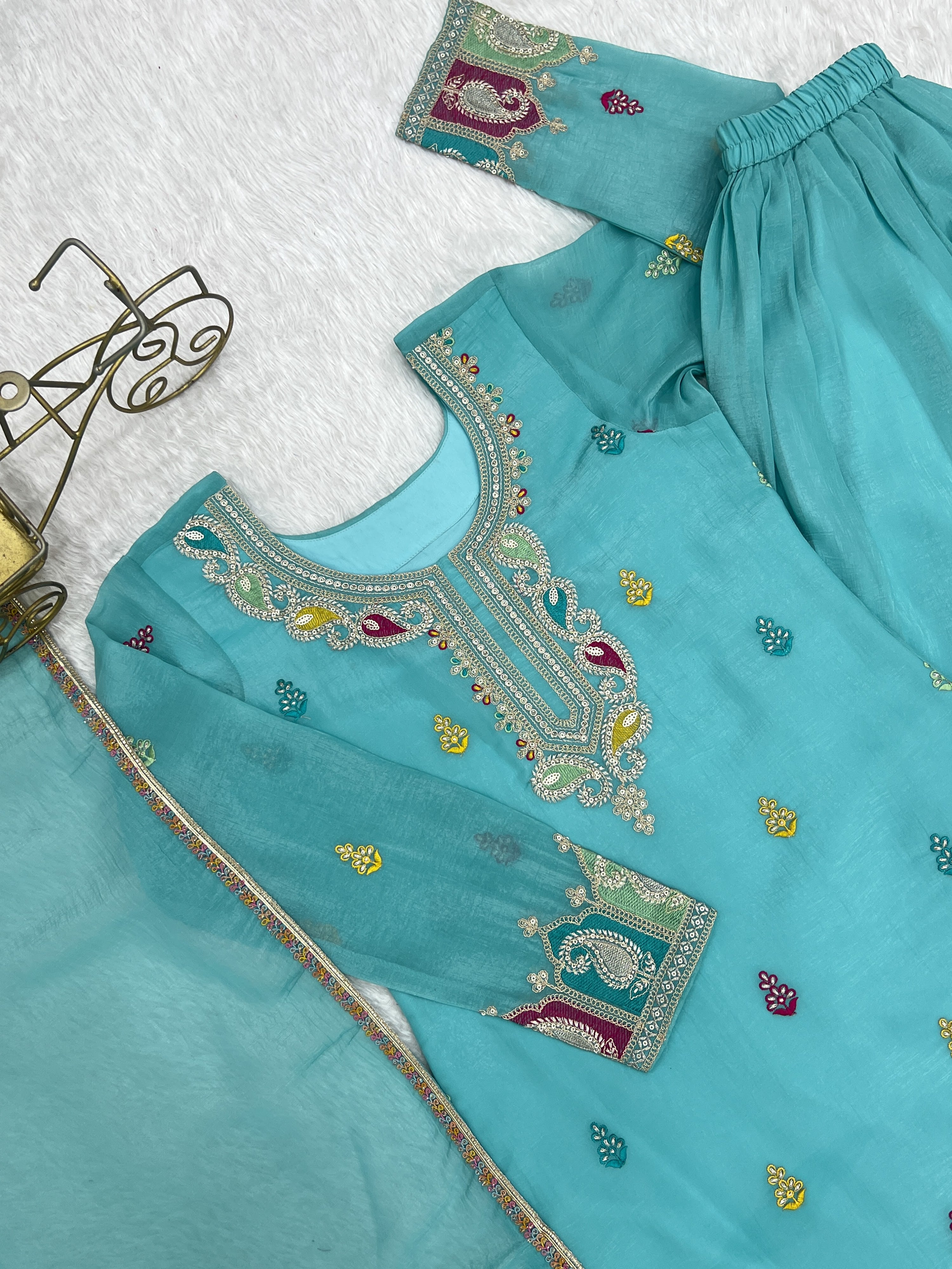 Crunchy Silk Embroidered Kurta-Sharara Set – Sky Blue