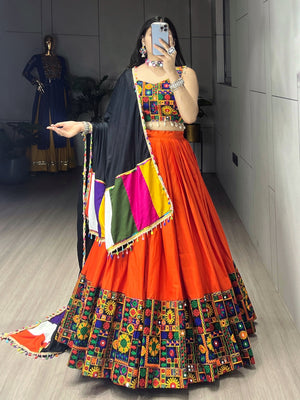 Navratri Orange Gamthi Mirror Work Lehenga Set