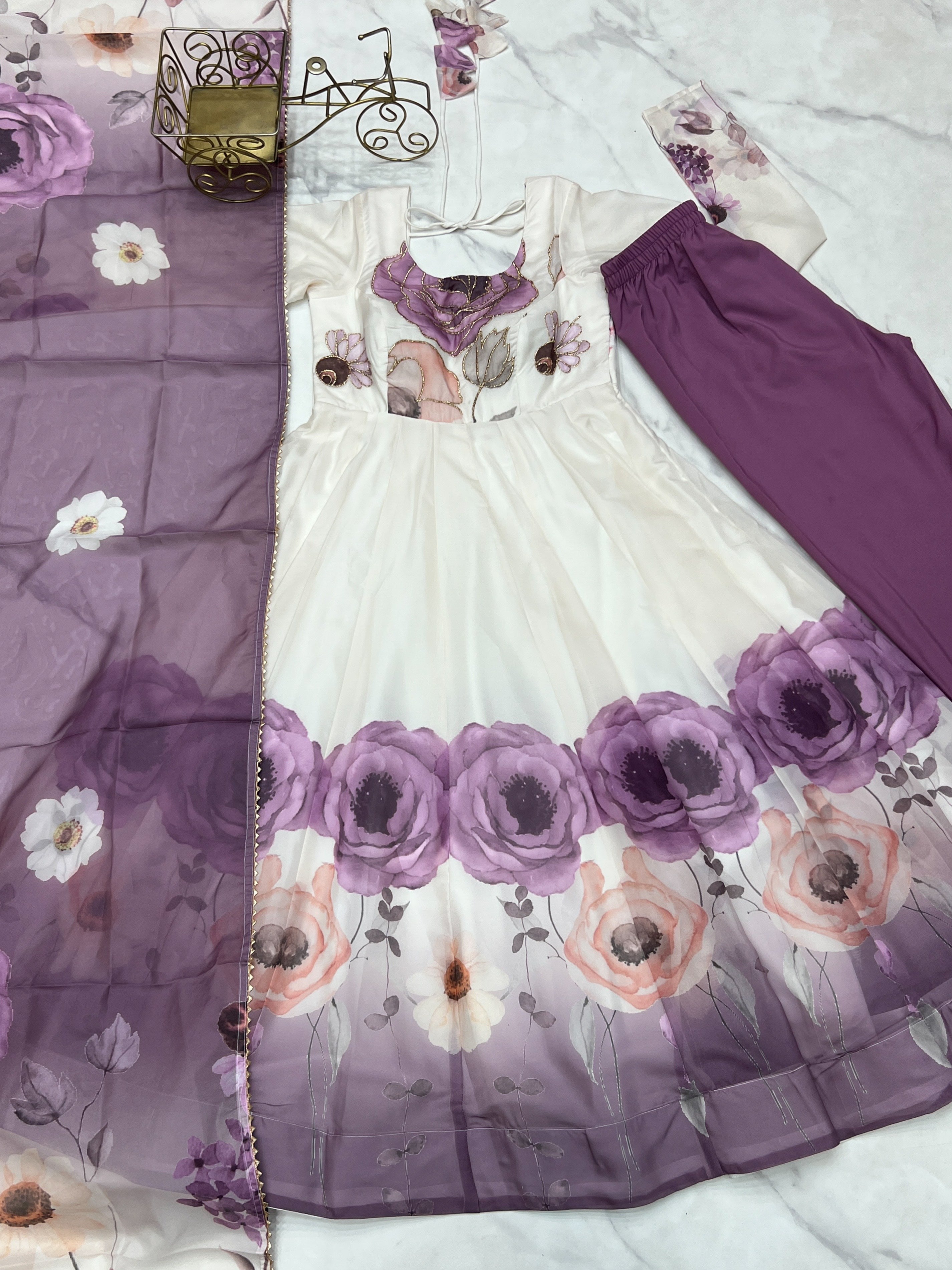 Organza Silk Printed Anarkali Set – Lilac Floral