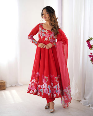 Organza Silk Printed Anarkali Set – Red